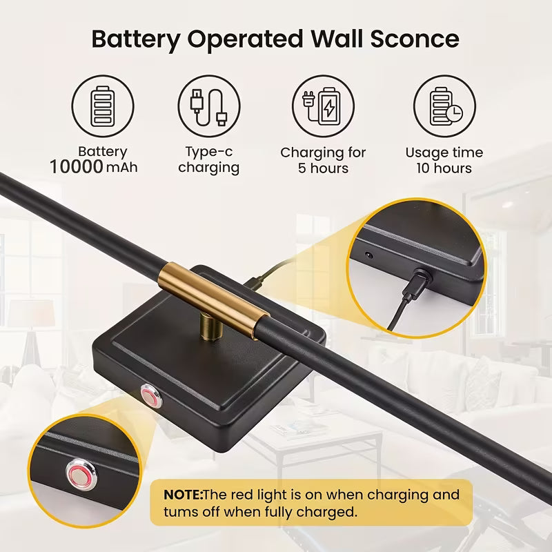 Battery Operated Wall Sconces Set of 2 10000mAh Rechargeable Wall Lights with Remote Control, 360° Rotate